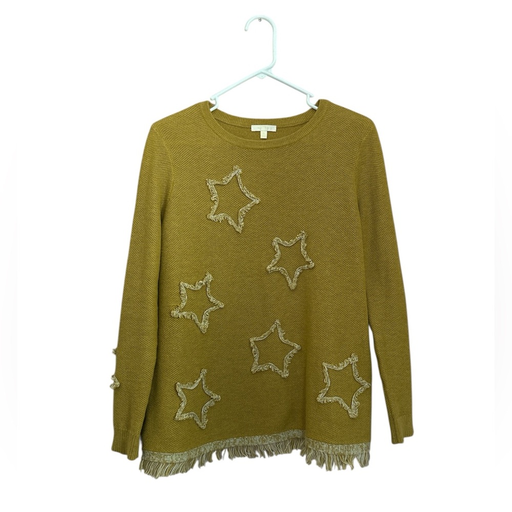 Lisa Todd Cashmere Blend Long Sleeve Waffle Knit Fringe Star Sweater Size M